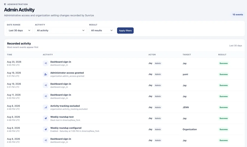 Sunrize Admin Activity view showing recorded sign-ins, access changes, tracking changes, and report configuration